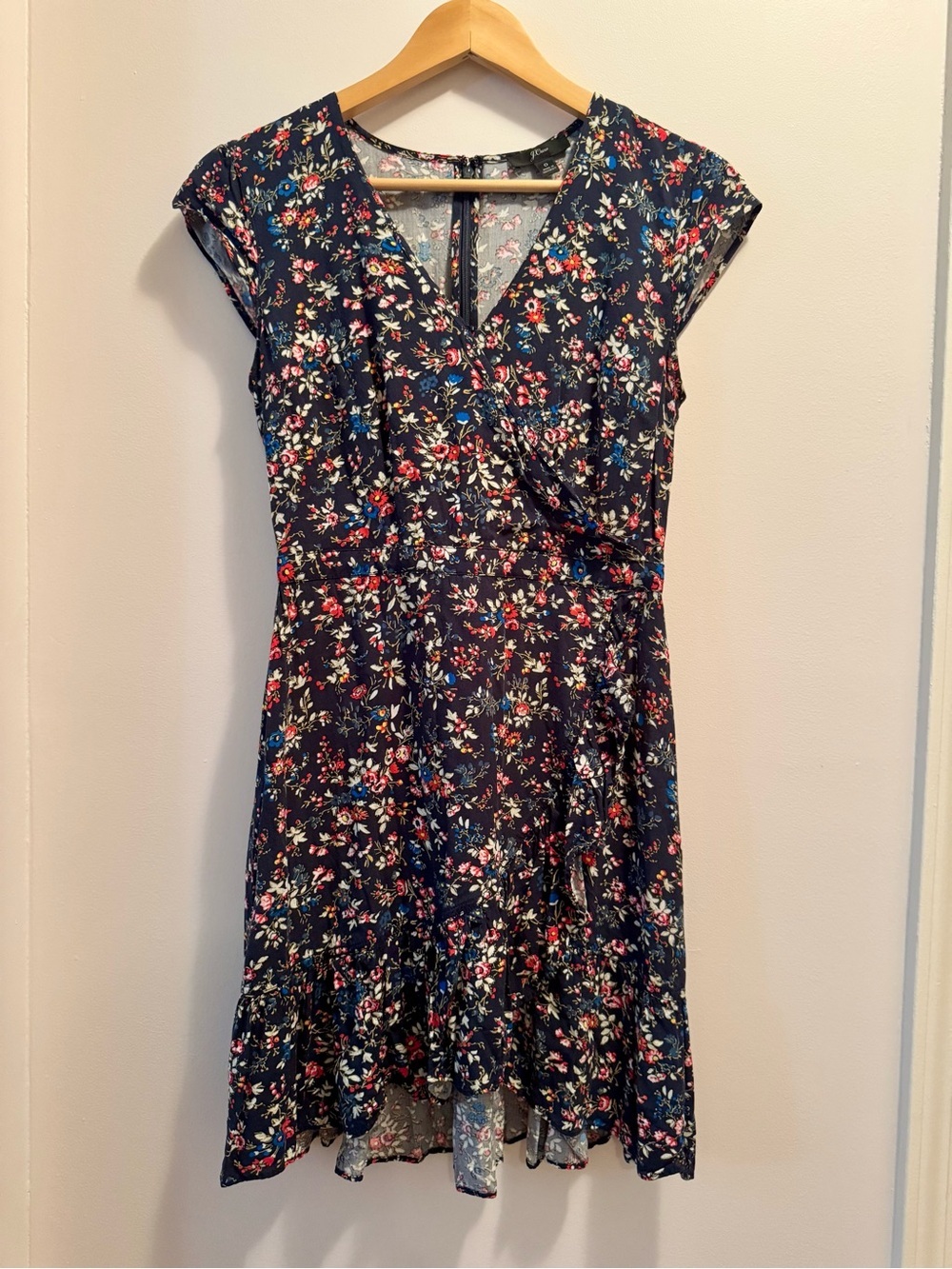 J.Crew‎ Floral Ruffle Faux Wrap Mini Dress Navy Multicolor Size 0